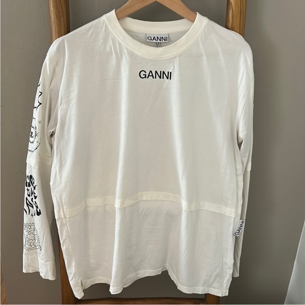 Ganni Cream Graphic Long Sleeve Top